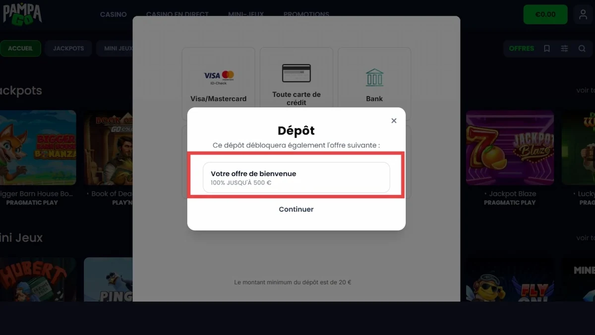 Écran de dépôt de PampaGo Casino