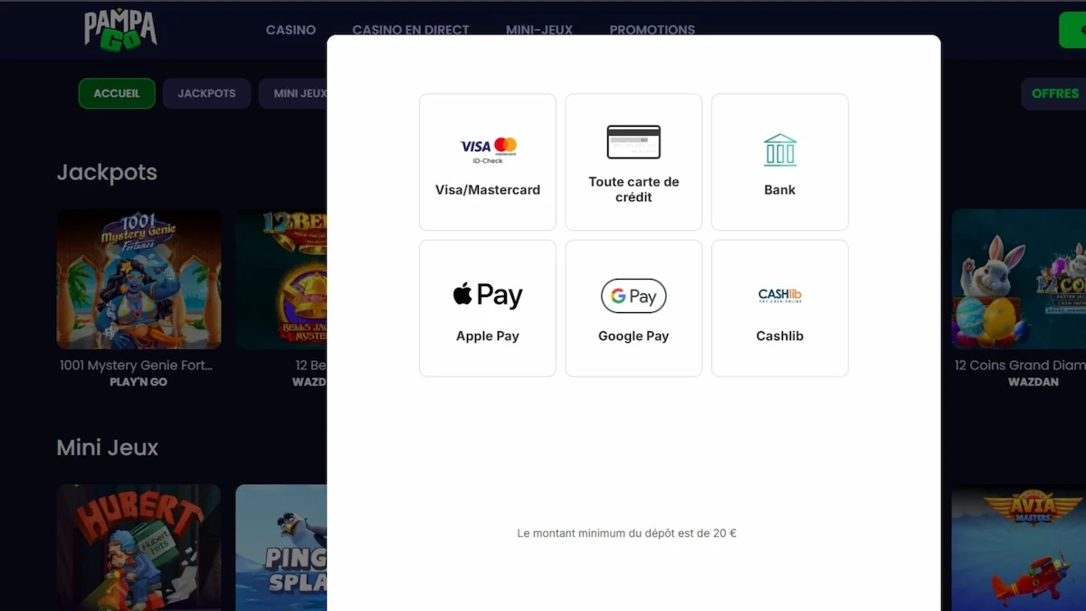 Moyens de paiement de la caisse PampaGo